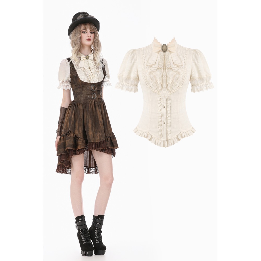 Dark in Love - Daylight Verse Retro Victorian Lace Patchwork Puff Sleeve Slim Blouse - White